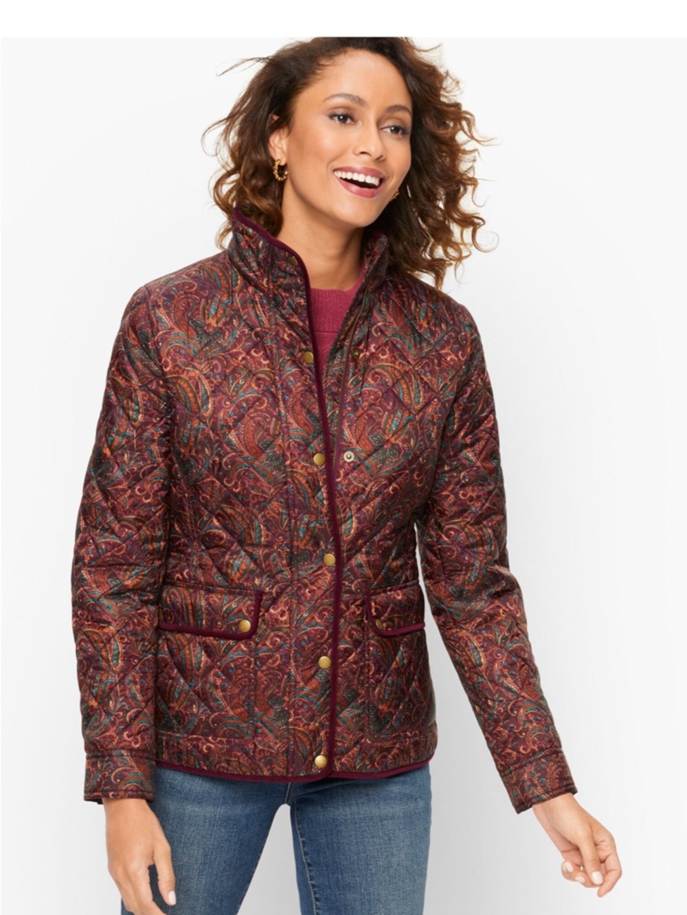 Talbots Quilted Paisley Puffer Jacket - Burgundy with Teal Accents - Picture 2 of 9